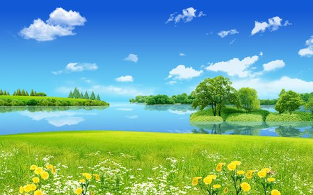 dream-land - lake, sky, trees, landscape, water, nature, reflections, forest, clouds, green, flowers, grass