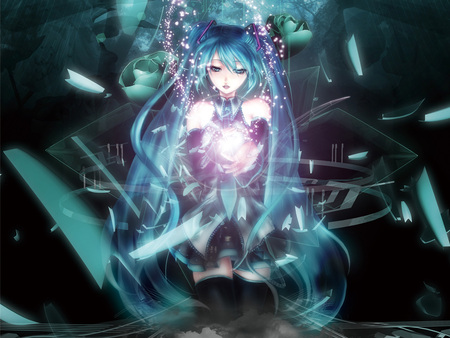 Hatsune Miku - fragments, cg, shining, vocaloid, green, rose