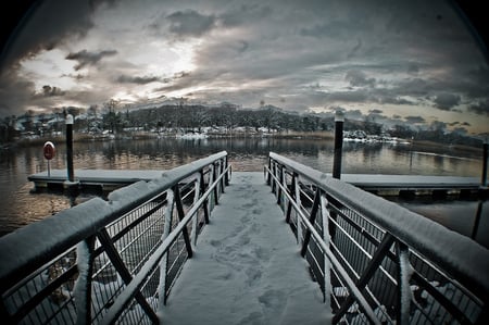 The snow apocalypse - apocalypse, lake, ireland, places, trees, sky clouds, water, sesons, white, abstract, forest, grey, cold, snow, hdr, bridge