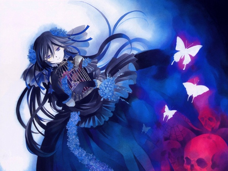 Pandora Hearts - lilota, butterflies, roses, pretty, skulls, gothic, dark, blue