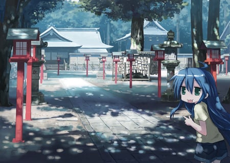 Lucky Star - green eyes, konata izumi, blue, shrine, long hair, konata, izumi