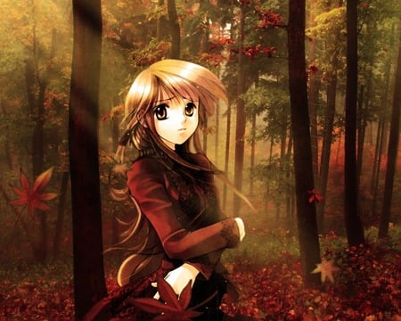 Beautiful Anime - anime, anime girl, sunset, beautiful, red, colors, forest, lovely