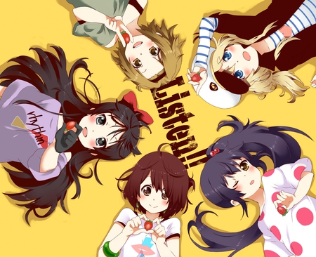 Listen!! - blushing, yellow, kawaii, blonde, long hair, k-on, short hair, ribbon, hat, dark hair, strawberries, strawberry, kon, blush, blonde hair, brown hair, rhythm, k on, listen, black hair, cute, mio, stripes