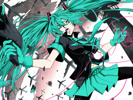 Hatsune Miku - Love is War - tie, pretty, burst, war, radical, pink, love is war, battle, headphones, nice, program, thighhighs, beauty, virtual, planes, white, gray, cute, aqua eyes, song, airplanes, vocaloid, anime, twintail, bombers, hatsune miku, megaphone, microphone, music, aqua, purple, idol, skirt, beautiful, tower, singer, girl, cool, black, miku, awesome, diva, aqua hair, hatsune, vocaloids, headset