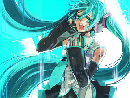 Hatsune Miku - tears, aqua, headset, music, white, art, cool, aqua eyes, artistic, hatsune miku, skirt, song, vocaloids, program, vocaloid, beautiful, diva, beauty, nice, sky, twintail, singer, aqua hair, black, virtual, painting, pretty, idol, clouds, anime, miku, cute, girl, crying, drawing, hatsune, abstract, microphone, headphones, blue, tie, awesome