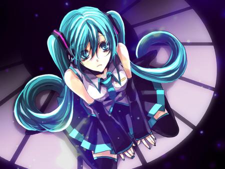 Hatsune Miku - tie, pretty, stage, disc, headphones, nice, program, hot, thighhighs, beauty, virtual, white, gray, cute, aqua eyes, song, sexy, vocaloid, anime, twintail, hatsune miku, microphone, music, aqua, idol, skirt, beautiful, singer, girl, cool, black, miku, awesome, diva, aqua hair, hatsune, vocaloids, headset