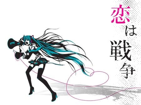 Hatsune Miku - Love is War - virtual, miku, text, vocaloids, song, megaphone, microphone, singer, cool, headphones, awesome, love is war, vocaloid, thighhighs, anime, twintail, skirt, aqua hair, hatsune, black, cute, beautiful, writing, girl, white, program, aqua eyes, artistic, pretty, aqua, beauty, art, diva, nice, tie, idol, headset, music, hatsune miku