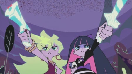 Panty & Stocking - house, gun, mulicolor, sword, night, long hair, doll, tree, hair bow, garterbelt, blond, panty, stocking