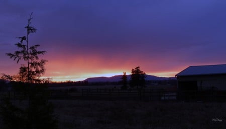 Winter Sunset on Barn - bright, sky, trees, winter, field, sunset, washington, barn