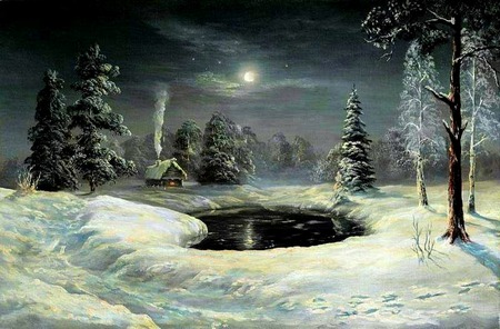 Long Winter\'s Night - moon, ice, trees, popular, winter, wallpaper, nature, snow, full moon, pine trees, pond, landscapes