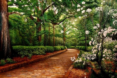 Peaceful - flowers, gardens, walkway, brick path, woods