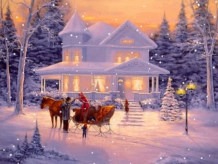 Country white house - trees, winter, horse and carriage, white house, evening, snow, lamps, family, lighted windows