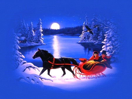 Carriage ride - lake, ride, trees, winter, horse, snow, blue evening, carriage, moonlight