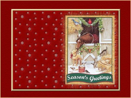 christmas stable - seasons greetings, stable, horse, cat, christmas, dogs, red, happy holidays, new