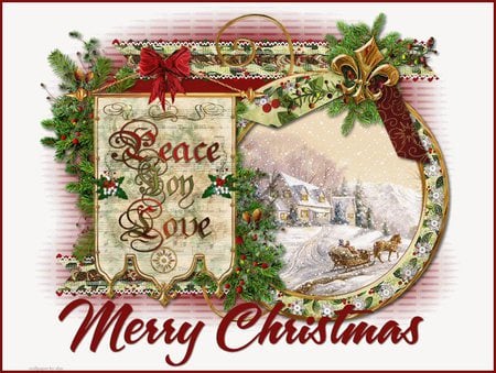 peace, joy and love - sleigh, holly, love, joy, peace, christmas, red, victorian, happy holidays, new