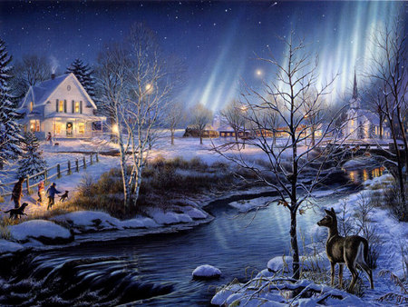 All is bright * By James Meger - frosty, people, creek, white, cool, river, holiday, xmas and new year, deer, nature, holidays, beautiful, snow, seasons, drawings, trees, mountains, fantasy, home, dogs, lighting, family, paintings, traditional art, bridges, landscapes, houses, winter, night, aurora, plants, christmas, chrildren, church, blue, colors