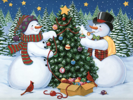 Snowman couple - christmas, snowman, winter, holiday, snow, tree