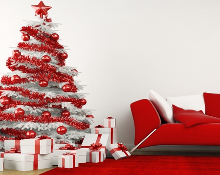 Christmas Tree - new year, beauty, carpet, xmas, gift, sofa, magic, photography, room, magic christmas, balls, box, pretty, interior, holiday, tree, gifts, pillows, ball, lovely, living room, christmas, christmas tree, happy new year, star, merry christmas, beautiful, red white