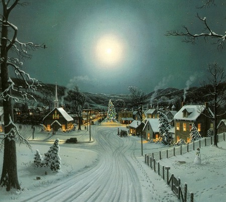 landscape snow - moon, house, trees, snow, landscape, light, christmas, nature, sky