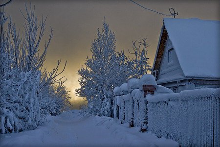 sunsets christmas - white, landscape, house, trees, sunset, nature, christmas, snow