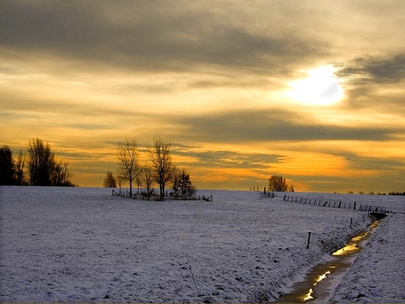 GOLDEN WINTER EVENNG - trees, winter, drain, evening, snow, holidays, fence, ice, sunset, golden