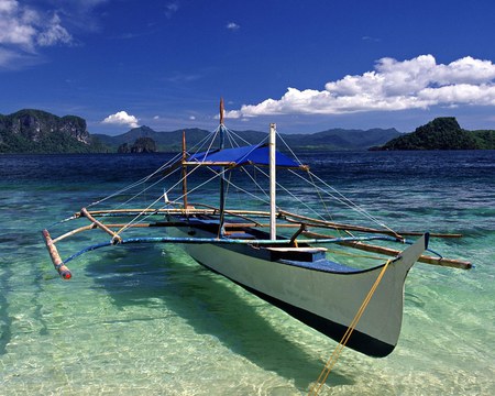 Beautiful Mooring - sky, hills, blue, water, green, canoe, clear, boat