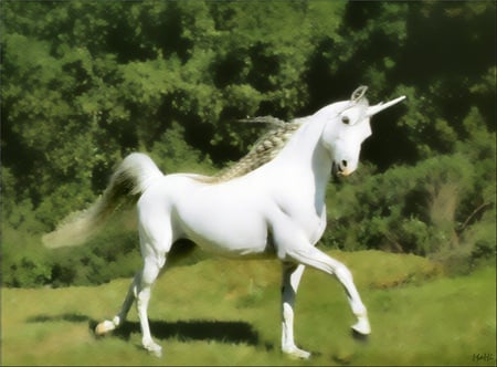 Unicorn On the Green - trees, green, feild, grass, 3d, unicorn, horse, other