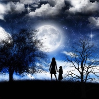 Mother and Daughter Walking On A Moonlit Night