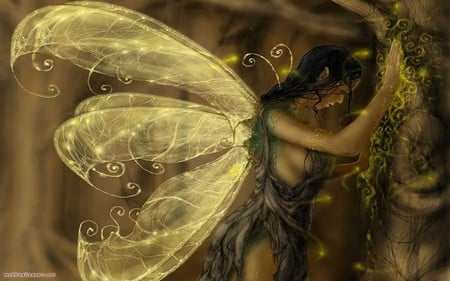 Magical Forest Fairy - female, wings, tree, fairy, fantasy