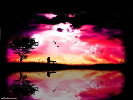 Enjoying The Outdoors Alone - trees, alone, bench, lake, vector, man, reflection, pink and yellow sunset