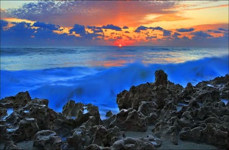 Evening shore - clouds, shore, sunset, gold and orange sky, waves, ocean, rocks