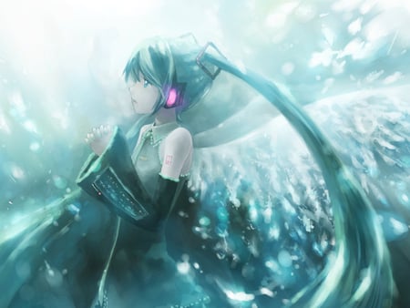 Hatsune Miku - twin tails, vocaloid, headphones, miku, wings, hatsune, hatsune miku