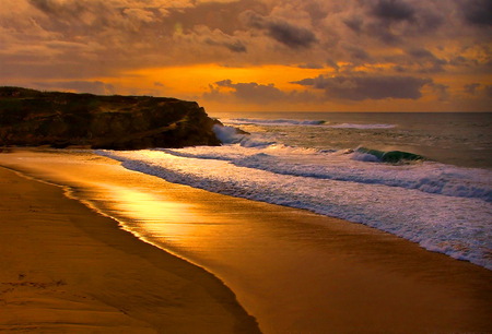 Midas sands - ocean, beach, cloudy sky, cliff, sunset, waves, golden sand, reflection, sand