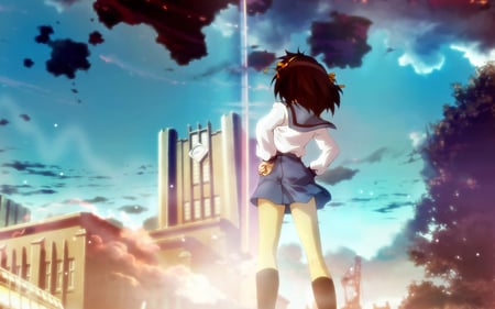 Haruhi - dark hair, skirt, sky, building, girl, trees, haruhi, brown hair, cloud, clouds, schoolgirl, scenery, uniform, short hair, school girl