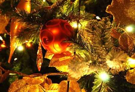 Christmas at home - ornaments, lights, christmas tree, gifts