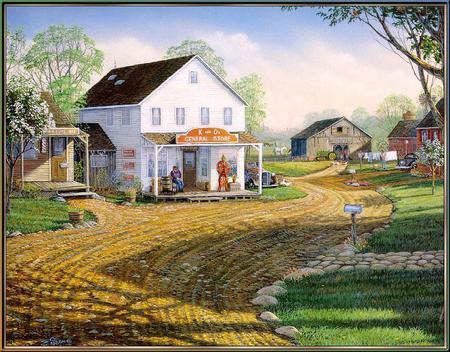 country store - house, trees, generalstore, barn, road, clothesline, countrylife