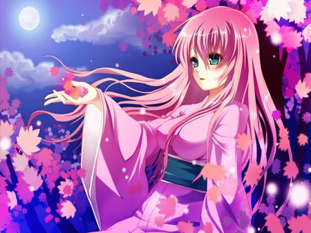 Megurine Luka - Akahitoha - aqua, hot, colorful, music, anime girl, purple, cool, dark, kimono, sexy, song, vocaloids, program, sky blue, sakura, vocaloid, beautiful, pink, leaves, diva, beauty, nice, sky, singer, virtual, pretty, idol, clouds, megurine luka, anime, tree, cute, megurine, luka, moon, girl, night, pink hair, sakura trees, blue, flowers, awesome