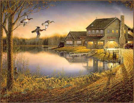 october breeze - geese, house, boat, southbound, tree, fall, autumn, flight, lake