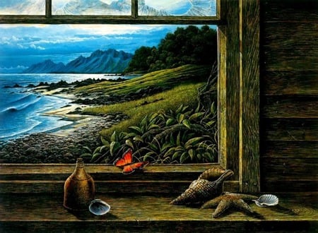 Contrast To Winter - trees, hills, window, seashells, butterfly, sea, mountains, seashore