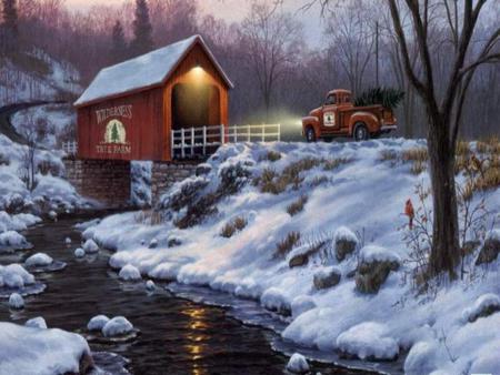 December - winter, road, bridge, truck, tree, covered, christmas, snow