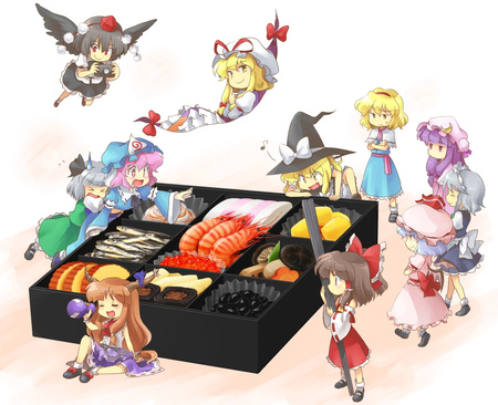 Touhou Lunch Time! - shameimaru aya, saigyouji yuyuko, patchouli knowledge, izayoi sakuya, touhou, ibuki suika, remilia scarlet, konpaku youmu, kirisame marisa, yakumo yukari, hakurei reimu, alice margatroid