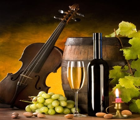 Wine - barrel, beauty, glasses, candles, photography, music, wine, pretty, green, romance, bottle, candle, glass, light, lovely, romantic, beautiful, violin, grapes