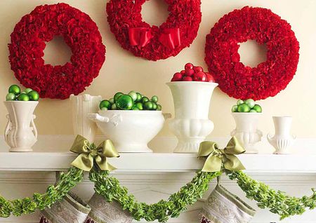 Holiday decoration - white, red, bowl, balls, vases, decoration e, wreaths, green