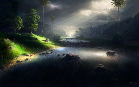 In The Tropics - river, forest, mountain, sky