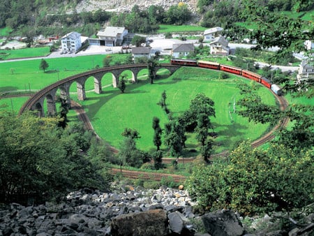 Kreisviadukt-in-Brusio-Berninabahn - train, tree, bridge, green