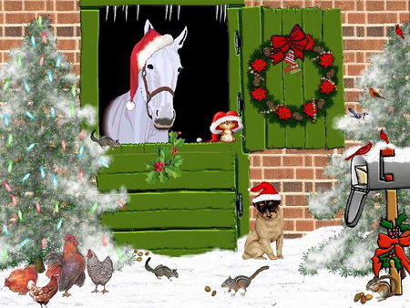 Holiday pets - farm, winter, wreath, stable, kitten, christmas, horse, snow, dog, holiday, animal, tree