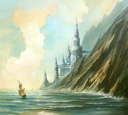 atlantis-beacons - atlantis, beacons, water, waves, other, ship, castle, sea, boat