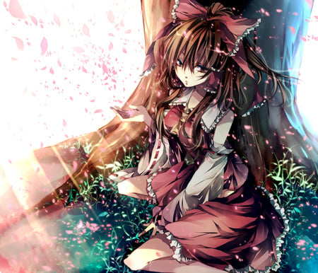 hakurei reimu - hakurei reimu, touhou, cherry blossom, tree