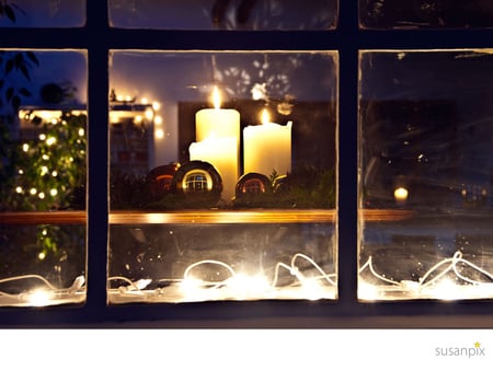 Christmas Eve - three yellow burning candles, beautiful, window, christmas decoration, night, reflection