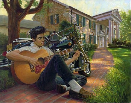 The King and his Castle - handsome, rock n roll, guitar, singer, motorcycle, fantasy, elvis presley, graceland, painting, abstract, the king, elvis, artwork, gracelands